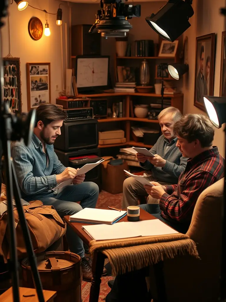A captivating shot of a theater performance rehearsal, featuring actors practicing their lines and stage movements with passion and dedication.