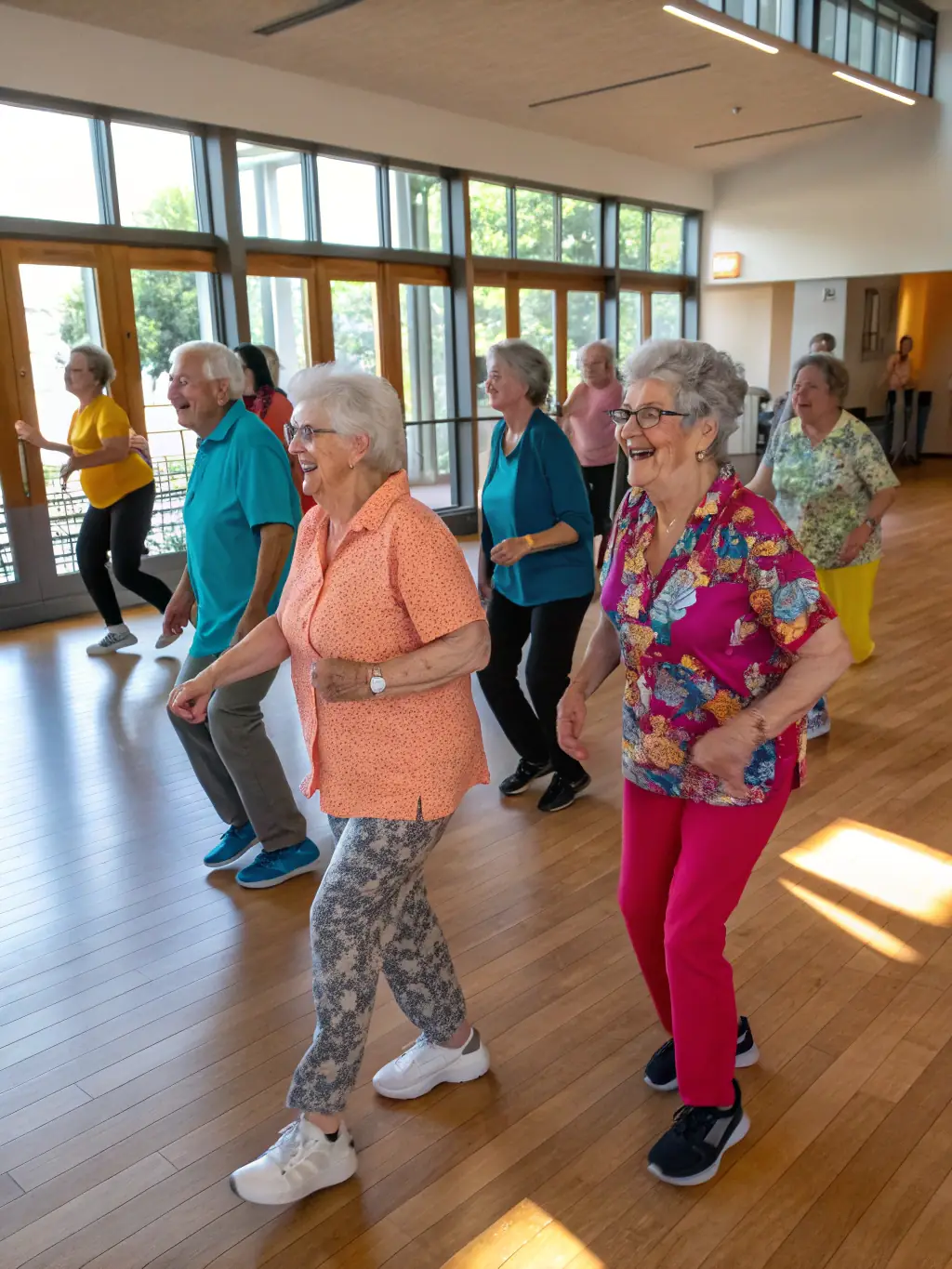 A vibrant photograph capturing a community dance workshop in progress, showcasing participants of all ages moving to the rhythm with smiles and enthusiasm.