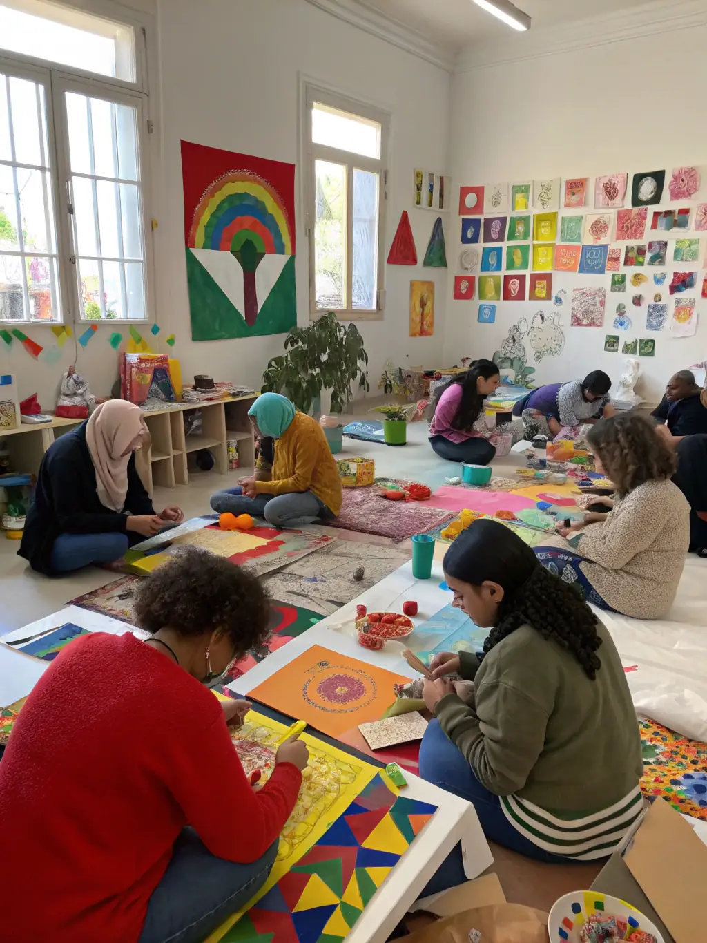 A photograph capturing a visual arts workshop where participants are creating colorful paintings and sculptures, with an instructor guiding them.