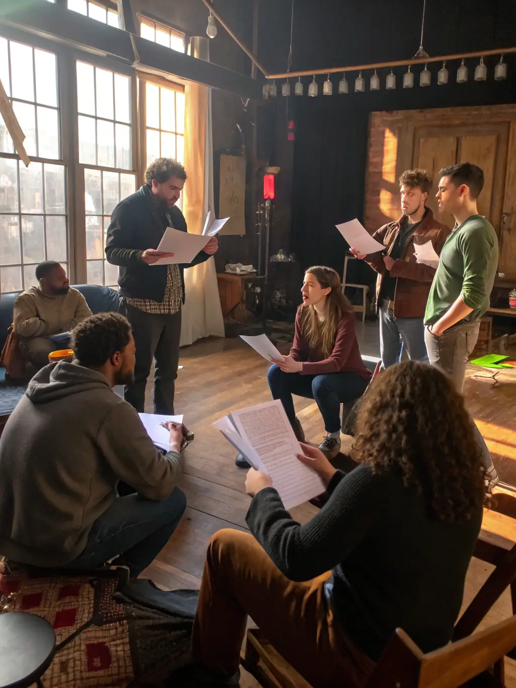 An image depicting a theater workshop with participants rehearsing a scene on stage, complete with costumes and props, under the direction of a facilitator.