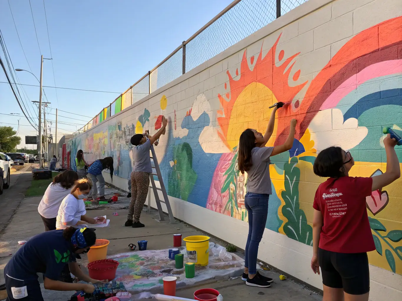 A colorful image of children painting murals on a large wall, demonstrating collaborative art and community engagement, with bright colors and diverse participants.
