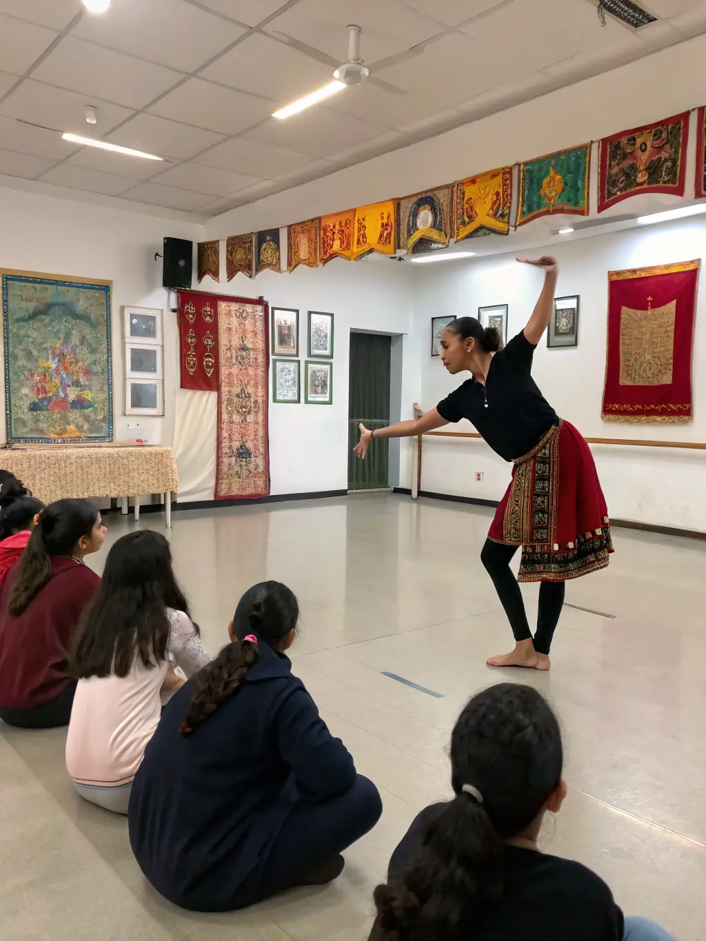 A vibrant image of a cultural dance workshop in progress, showcasing diverse participants learning traditional dance steps, with musical instruments visible in the background.