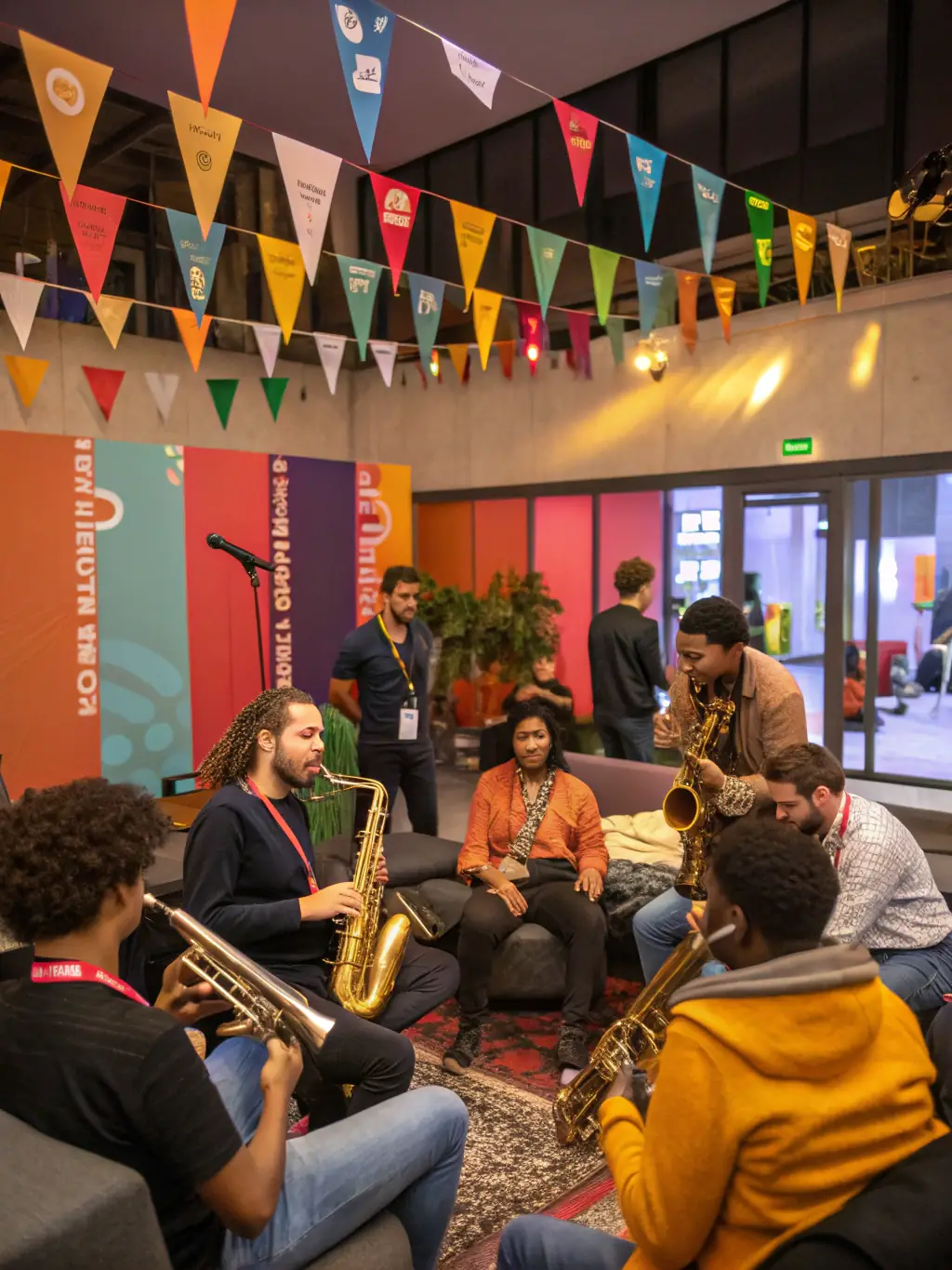 A lively scene from a music workshop, showing participants playing various instruments and singing together in harmony, fostering a sense of community.