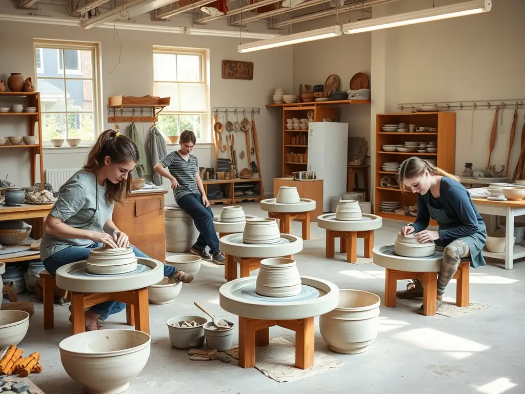 A photograph of a pottery class in progress, with participants of different ages shaping clay on spinning wheels, highlighting the tactile and creative process.