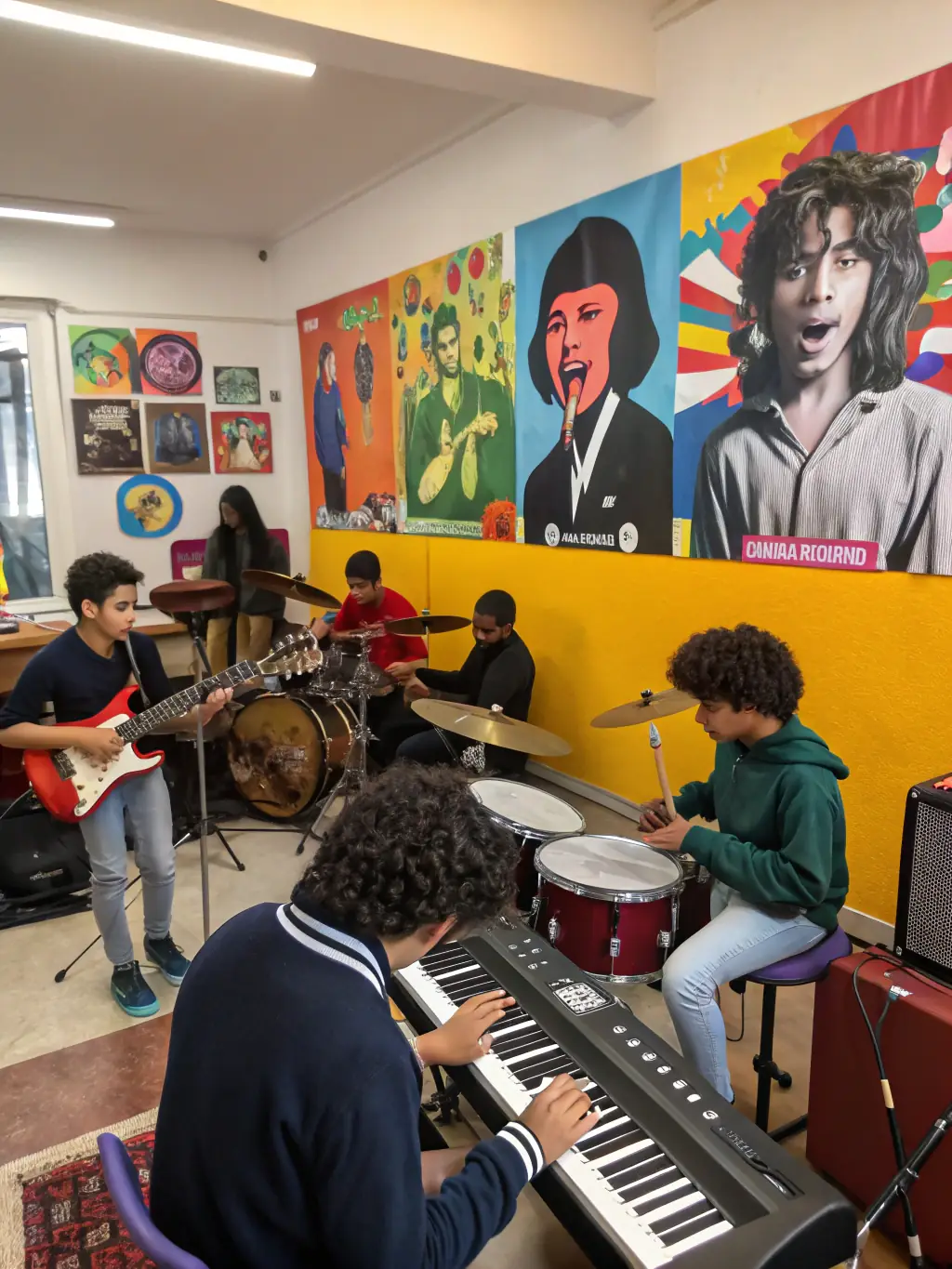 A photograph of a music workshop where participants are learning to play various musical instruments, with a focus on collaborative music-making.